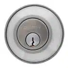 Front view of a Carbine brand brushed metal lock cylinder