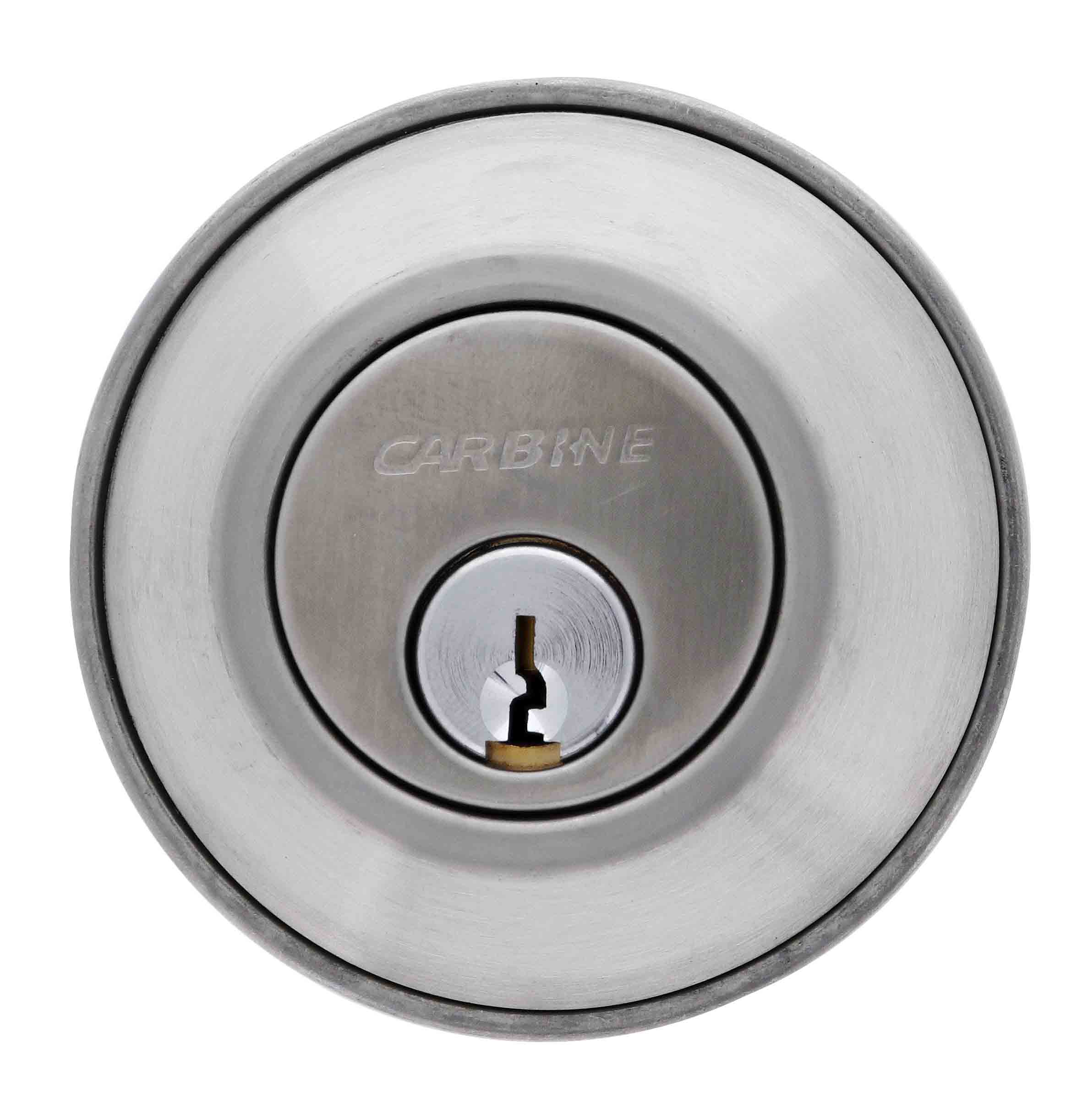 Front view of a Carbine brand brushed metal lock cylinder