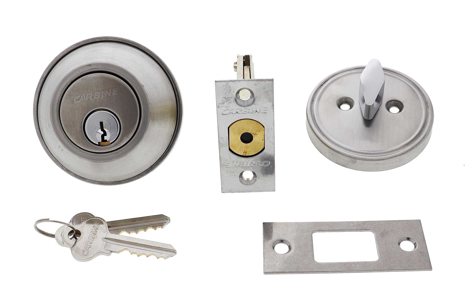 Carbine deadbolt lock set including exterior cylinder, interior thumb turn, latch, strike plate, and two keys, carbine single sided deadbolt, carbine alb deadbolt, commercial single cylinder deadbolt, ansi grade 2 deadbolt, thumbturn commercial deadbolt australia, surface mounted deadbolt carbine, carbine commercial deadbolt single sided