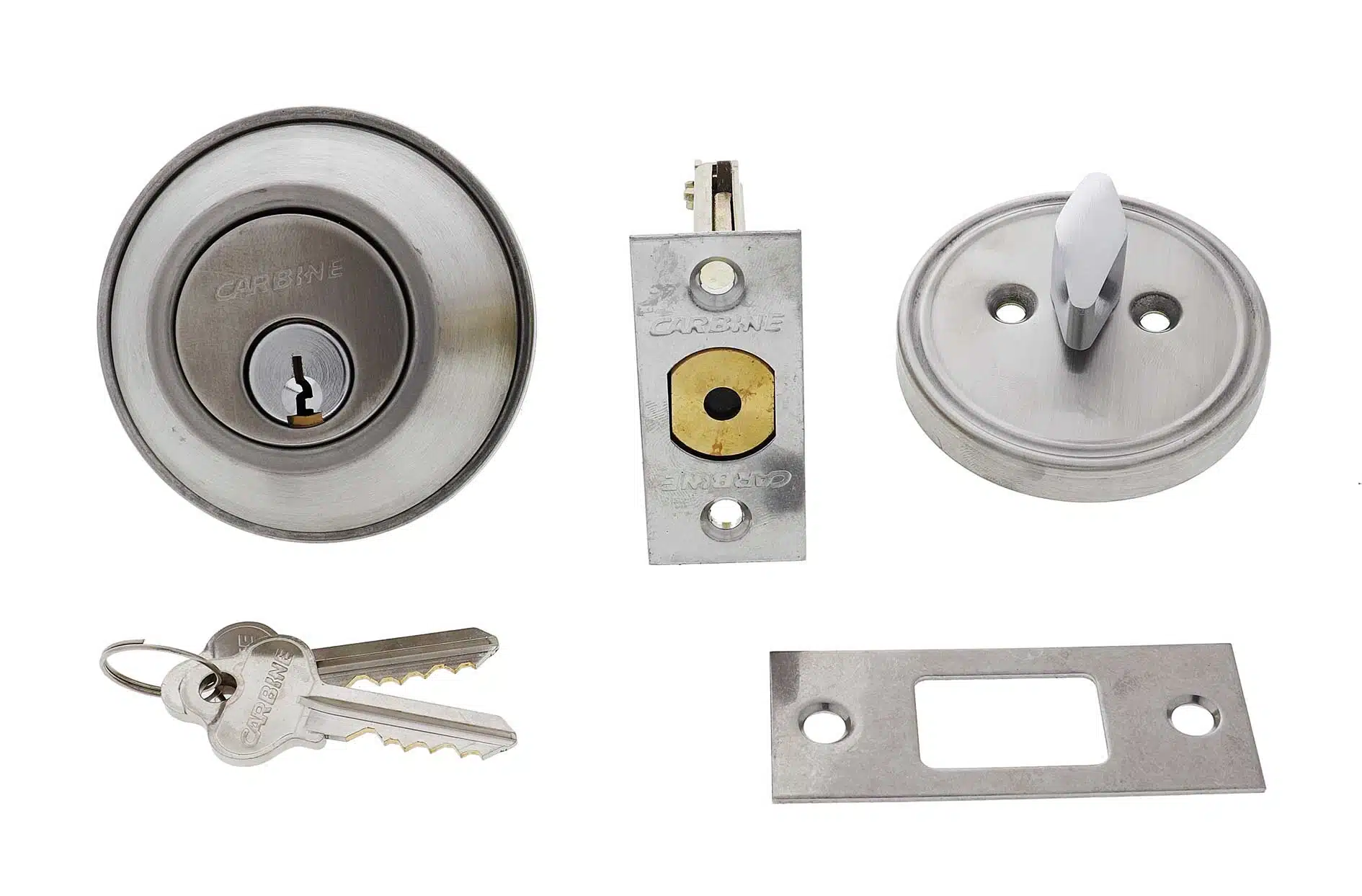 Carbine deadbolt lock set including exterior cylinder, interior thumb turn, latch, strike plate, and two keys, carbine single sided deadbolt, carbine alb deadbolt, commercial single cylinder deadbolt, ansi grade 2 deadbolt, thumbturn commercial deadbolt australia, surface mounted deadbolt carbine, carbine commercial deadbolt single sided