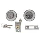 Carbine double cylinder deadbolt set with keys, latch, and strike plate in a satin chrome finish