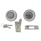 Carbine double cylinder deadbolt set with keys, latch, and strike plate in a satin chrome finish