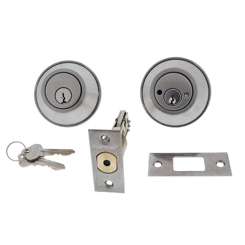 ALB4011A Carbine double cylinder deadbolt set with keys, latch, and strike plate in a satin chrome finish