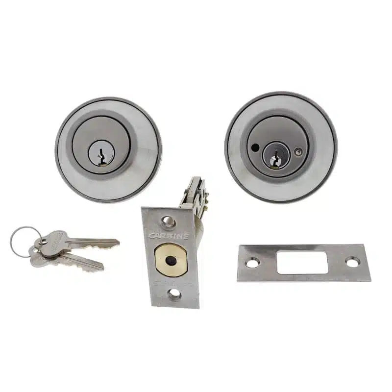 Carbine double cylinder deadbolt set with keys, latch, and strike plate in a satin chrome finish