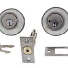 Carbine deadbolt lock set with interior and exterior cylinders, latch, strike plate, and two keys