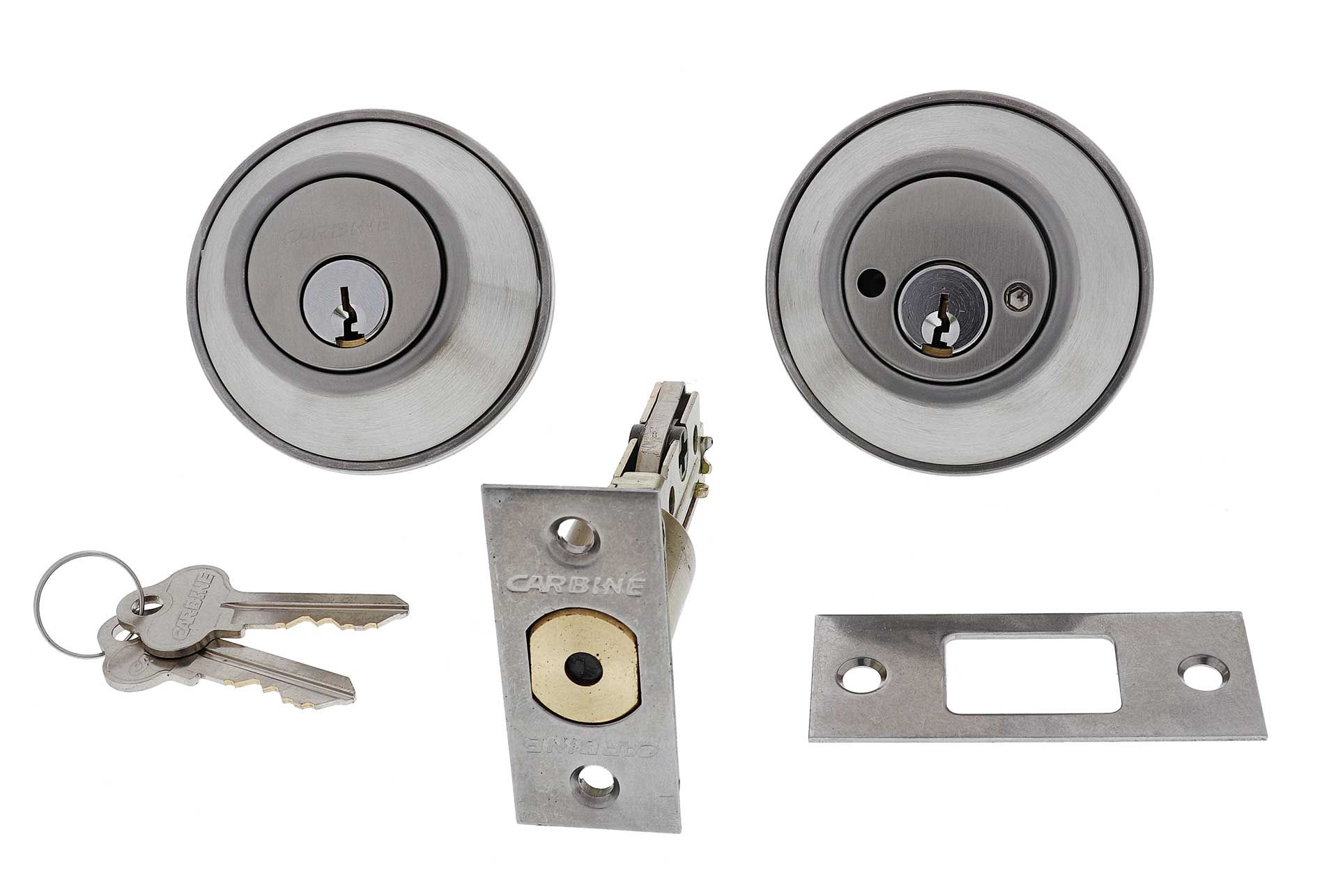 Carbine deadbolt lock set with interior and exterior cylinders, latch, strike plate, and two keys