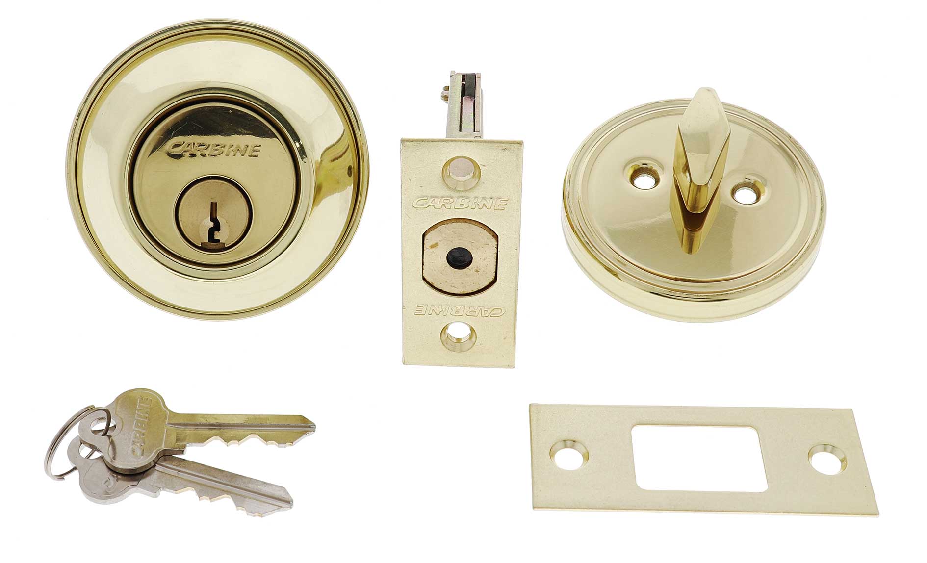 Polished brass Carbine deadbolt lock set with keys, thumbturn, cylinder, latch, and strike plate, carbine single sided deadbolt, carbine alb deadbolt, commercial single cylinder deadbolt, ansi grade 2 deadbolt, thumbturn commercial deadbolt australia, surface mounted deadbolt carbine, carbine commercial deadbolt single sided