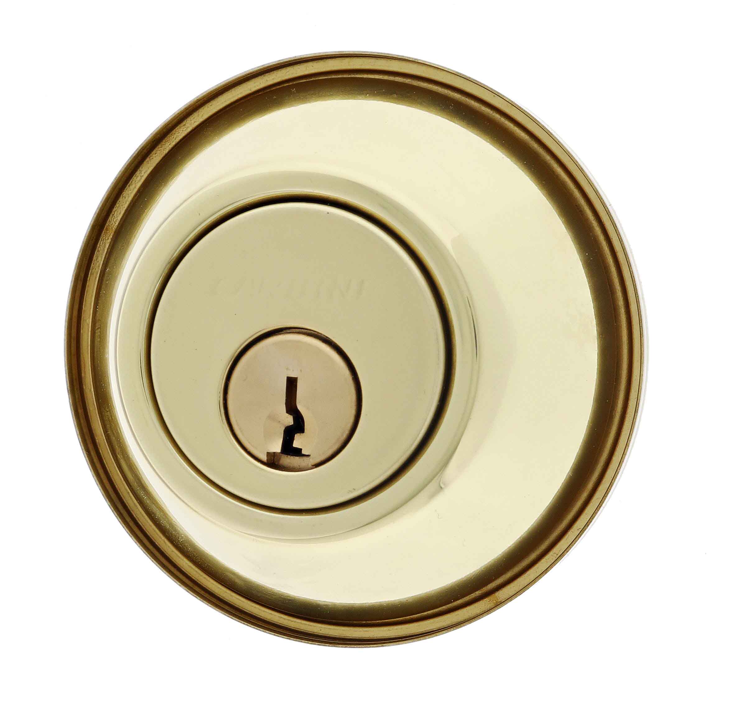 Circular brass deadbolt lock cylinder with a centered keyhole