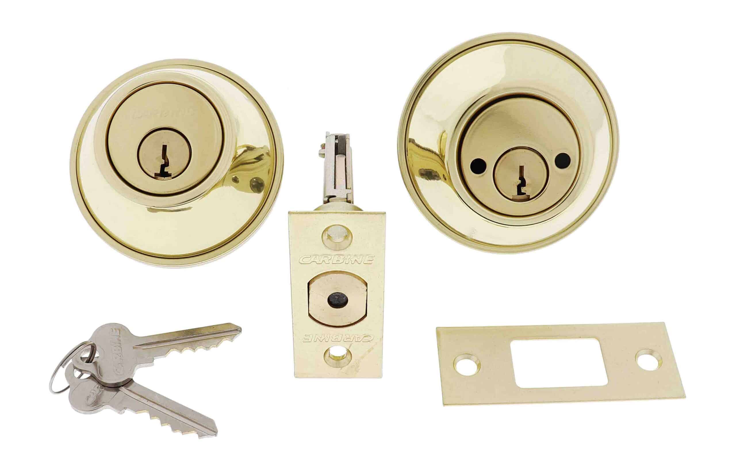 Carbine brass deadbolt lock set including cylinders, latch, strike plate, and two keys