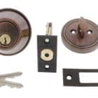 Antique bronze deadbolt lock set including exterior cylinder, interior thumbturn, latch, strike plate, and keys, carbine single sided deadbolt, carbine alb deadbolt, commercial single cylinder deadbolt, ansi grade 2 deadbolt, thumbturn commercial deadbolt australia, surface mounted deadbolt carbine, carbine commercial deadbolt single sided