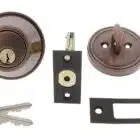 Antique bronze deadbolt lock set including exterior cylinder, interior thumbturn, latch, strike plate, and keys, carbine single sided deadbolt, carbine alb deadbolt, commercial single cylinder deadbolt, ansi grade 2 deadbolt, thumbturn commercial deadbolt australia, surface mounted deadbolt carbine, carbine commercial deadbolt single sided