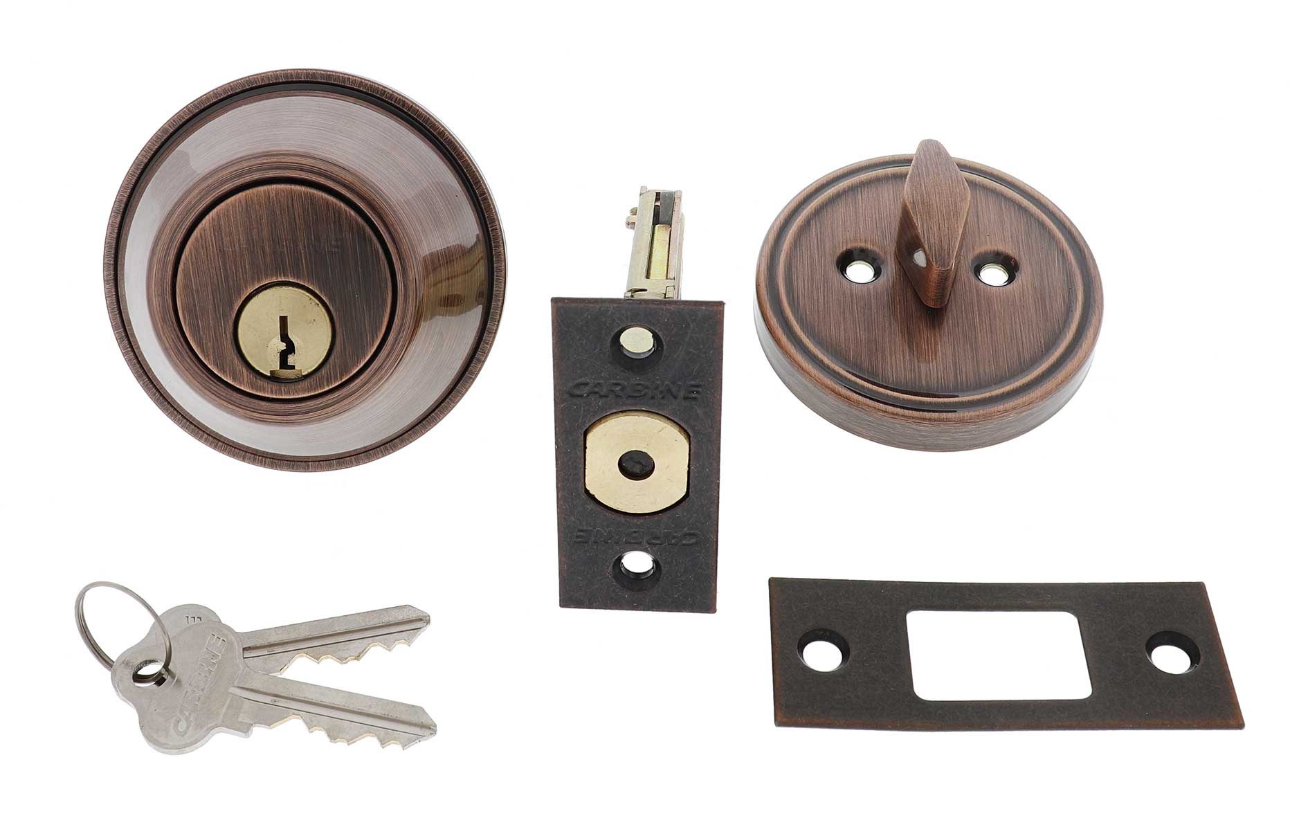 Antique bronze deadbolt lock set including exterior cylinder, interior thumbturn, latch, strike plate, and keys, carbine single sided deadbolt, carbine alb deadbolt, commercial single cylinder deadbolt, ansi grade 2 deadbolt, thumbturn commercial deadbolt australia, surface mounted deadbolt carbine, carbine commercial deadbolt single sided