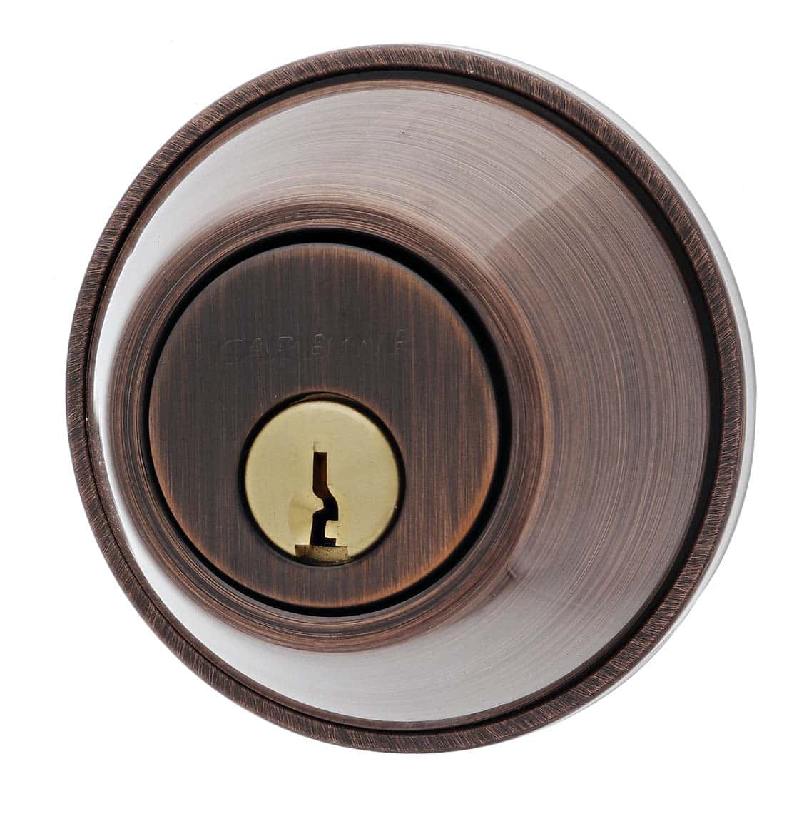 Carbine deadbolt lock cylinder in oil-rubbed bronze with a brass keyhole