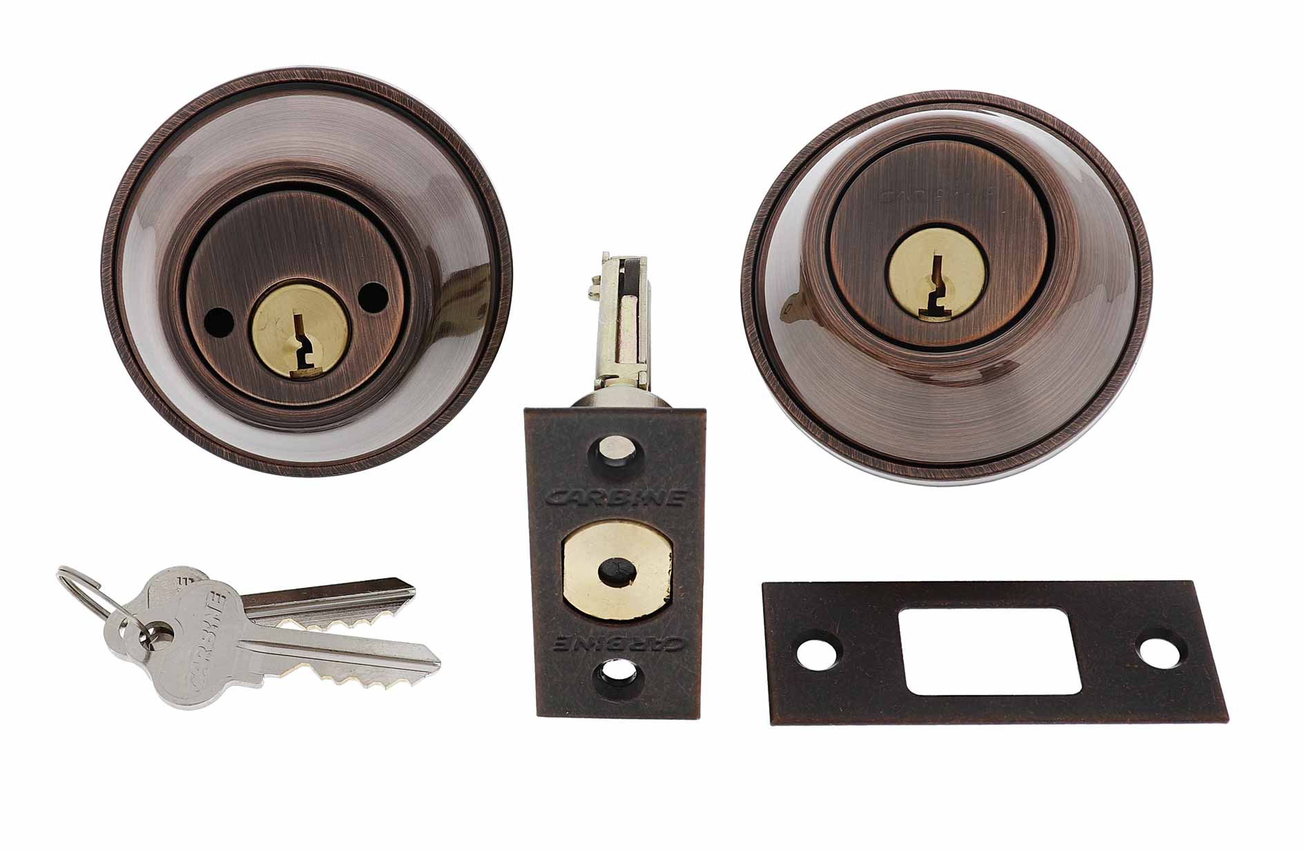 Carbine double cylinder deadbolt set in antique bronze finish with latch, strike plate, and two keys