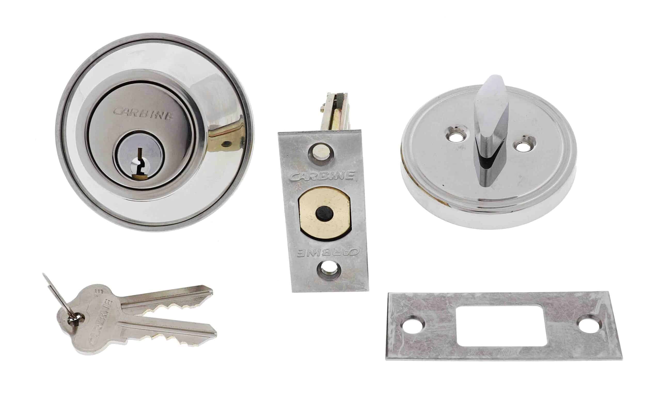 Carbine deadbolt lock set with exterior cylinder, interior thumbturn, latch, strike plate, and two keys, carbine single sided deadbolt, carbine alb deadbolt, commercial single cylinder deadbolt, ansi grade 2 deadbolt, thumbturn commercial deadbolt australia, surface mounted deadbolt carbine, carbine commercial deadbolt single sided