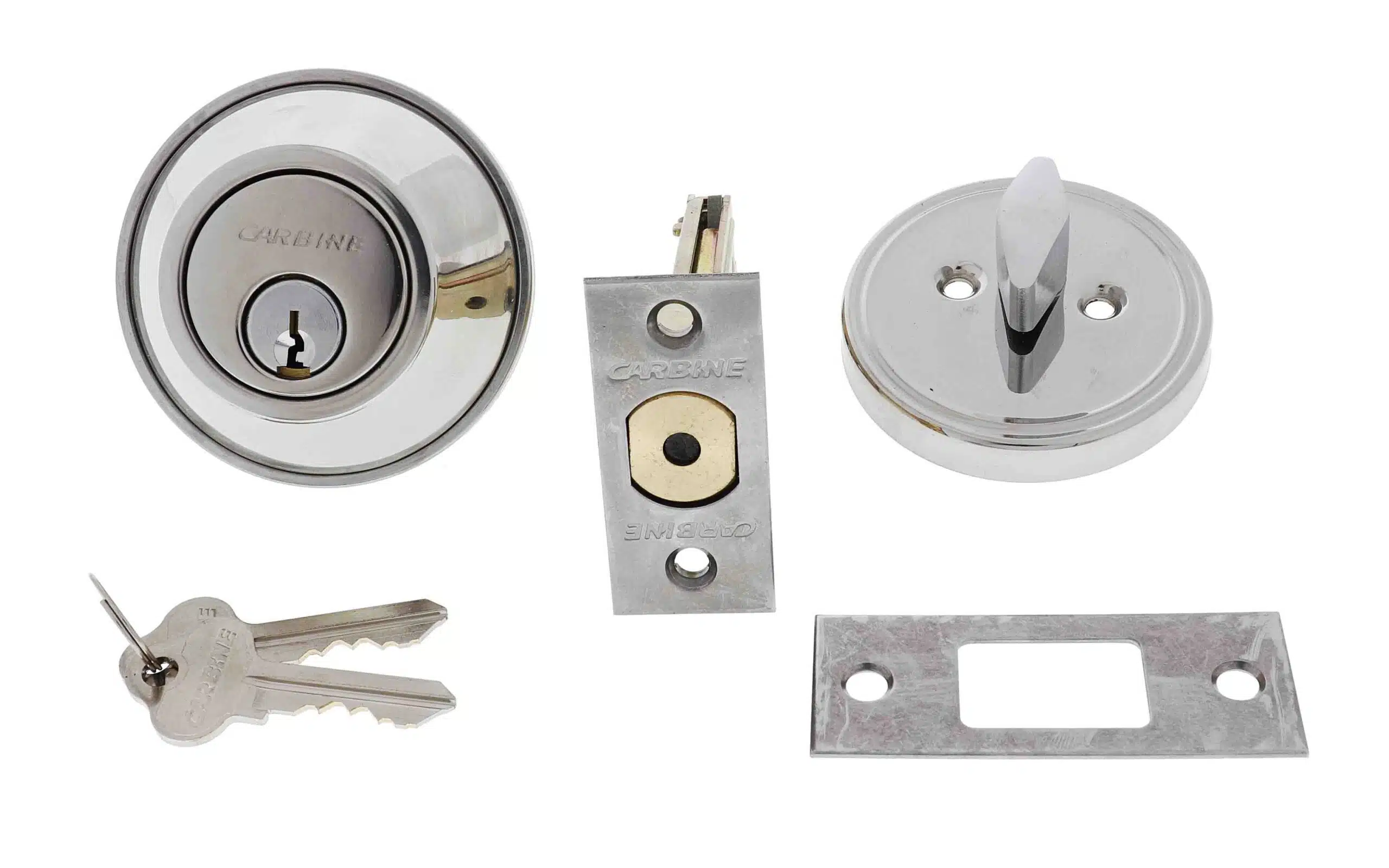 Carbine deadbolt lock set with exterior cylinder, interior thumbturn, latch, strike plate, and two keys, carbine single sided deadbolt, carbine alb deadbolt, commercial single cylinder deadbolt, ansi grade 2 deadbolt, thumbturn commercial deadbolt australia, surface mounted deadbolt carbine, carbine commercial deadbolt single sided