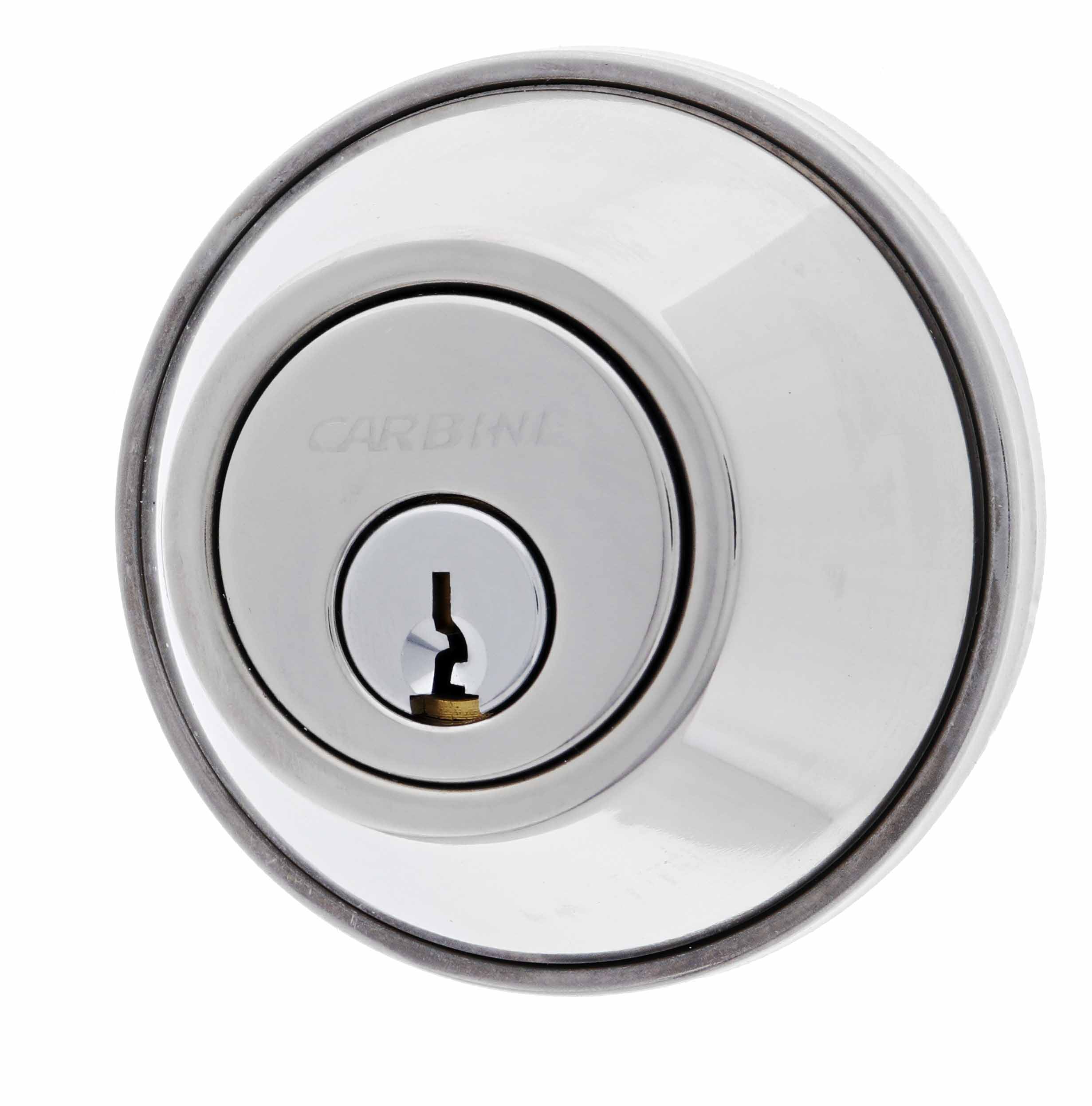 Circular chrome lock cylinder with CARBINE engraved above the keyhole