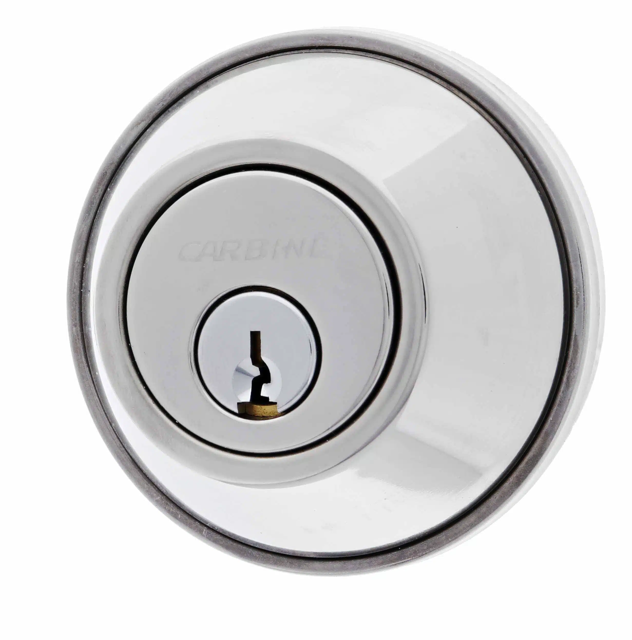 Circular chrome lock cylinder with CARBINE engraved above the keyhole