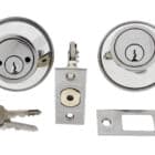 Carbine deadbolt lock set with two cylinders, latch mechanism, strike plate, and keys in a polished chrome finish