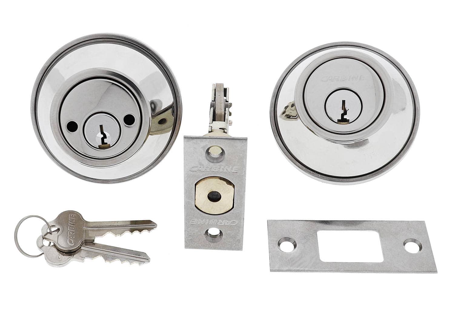 Carbine deadbolt lock set with two cylinders, latch mechanism, strike plate, and keys in a polished chrome finish