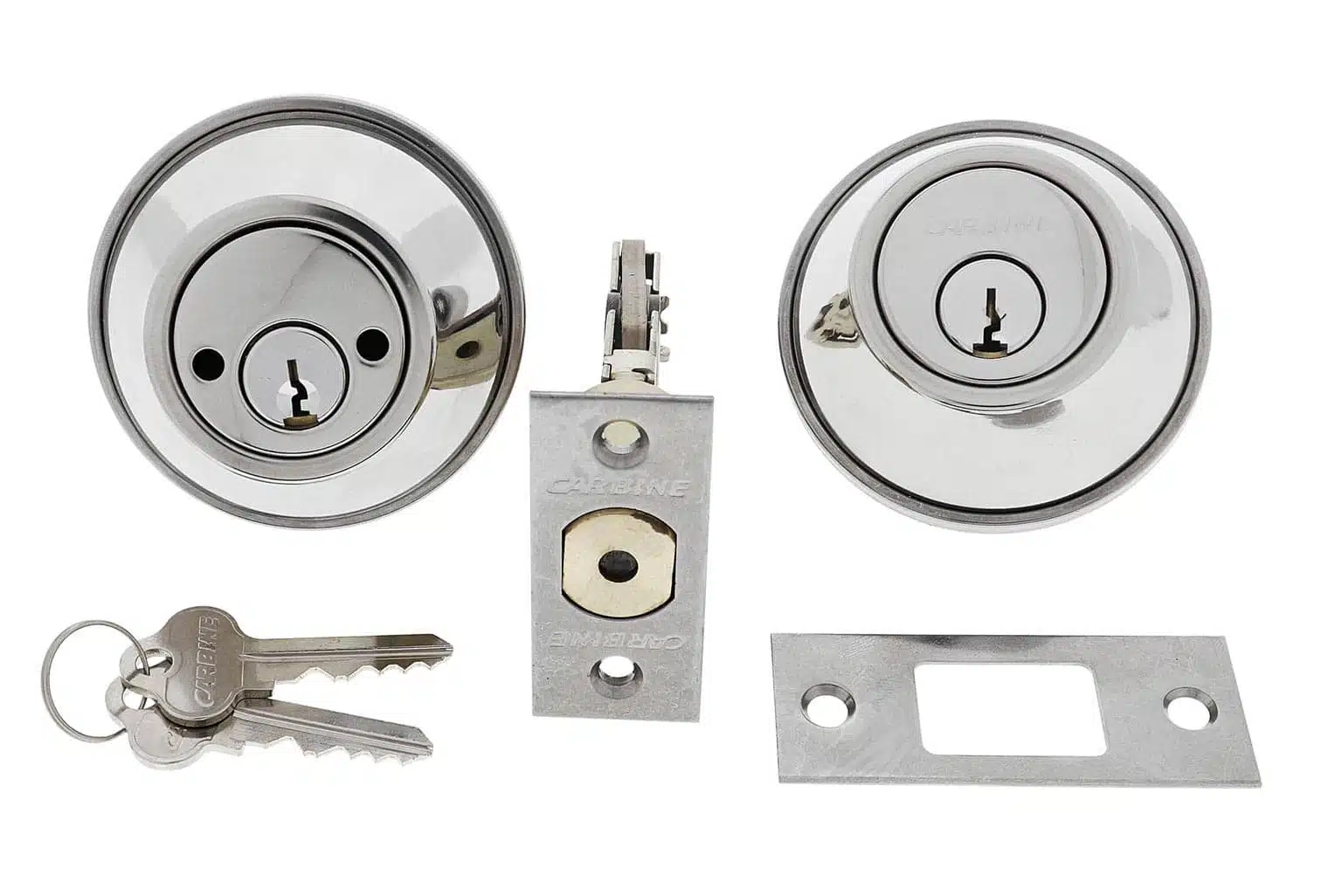 Carbine deadbolt lock set with two cylinders, latch mechanism, strike plate, and keys in a polished chrome finish
