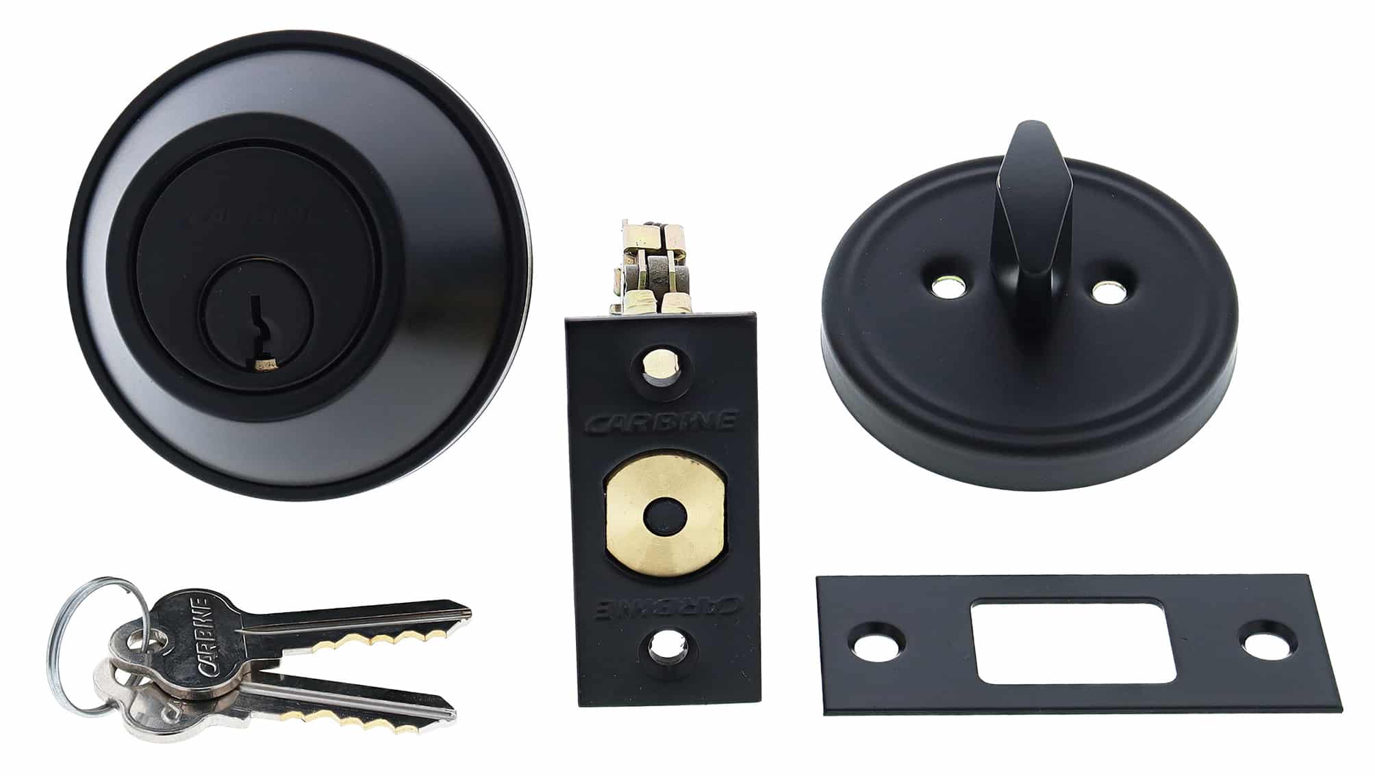 Matte black Carbine deadbolt lock set including cylinder, thumbturn, latch, strike plate, and two keys, carbine single sided deadbolt, carbine alb deadbolt, commercial single cylinder deadbolt, ansi grade 2 deadbolt, thumbturn commercial deadbolt australia, surface mounted deadbolt carbine, carbine commercial deadbolt single sided