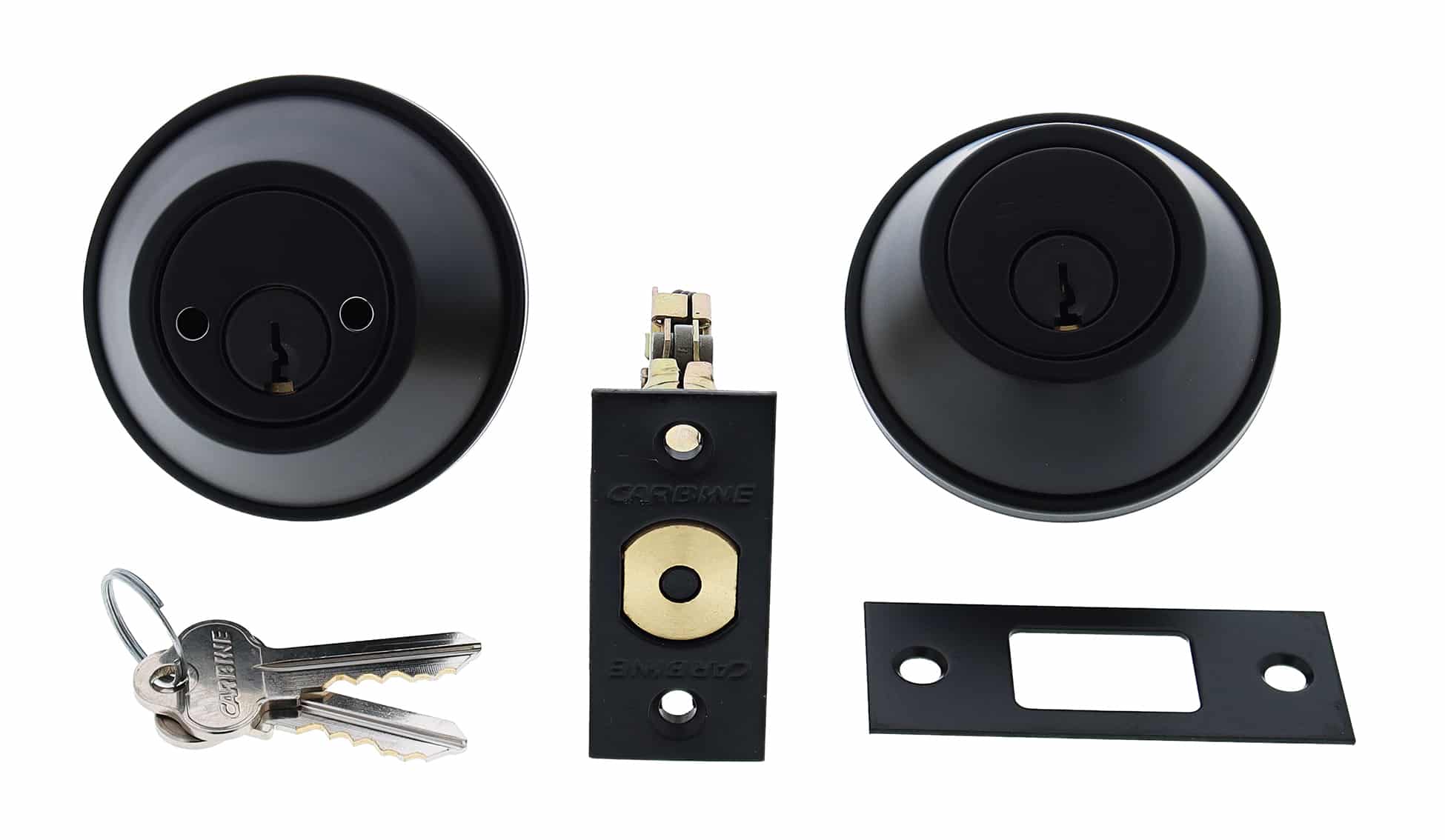 Matte black deadbolt lock set including interior and exterior faces, latch, strike plate, and two keys