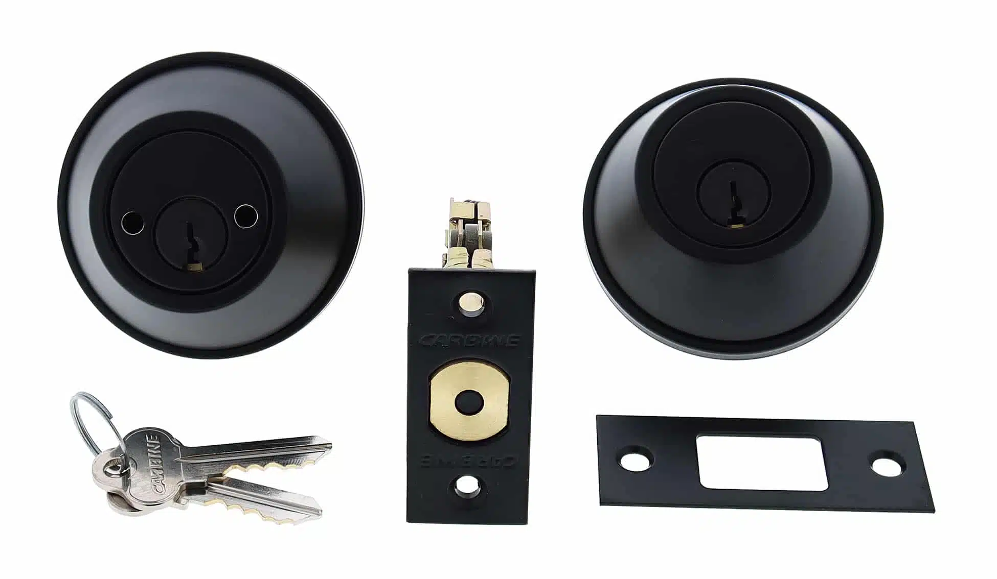 Matte black deadbolt lock set including interior and exterior faces, latch, strike plate, and two keys