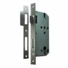 Mortise lock body and strike plate with dark faceplates and a silver-colored lock case