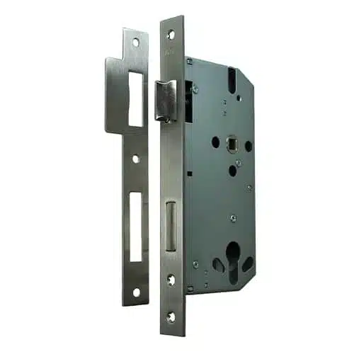 Mortise lock body and strike plate with dark faceplates and a silver-colored lock case