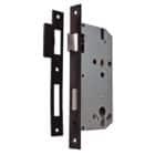 Mortise lock body and strike plate with dark faceplates and a silver-colored lock case