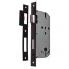 Mortise lock body and strike plate with dark faceplates and a silver-colored lock case