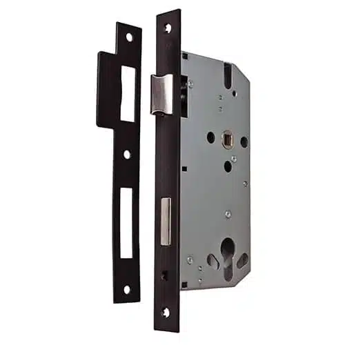 Mortise lock body and strike plate with dark faceplates and a silver-colored lock case