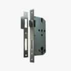 Brushed metal mortice lock and strike plate showing latch and deadbolt