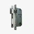 Brushed metal mortice lock and strike plate showing latch and deadbolt