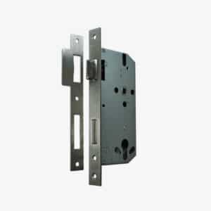 Brushed metal mortice lock and strike plate showing latch and deadbolt