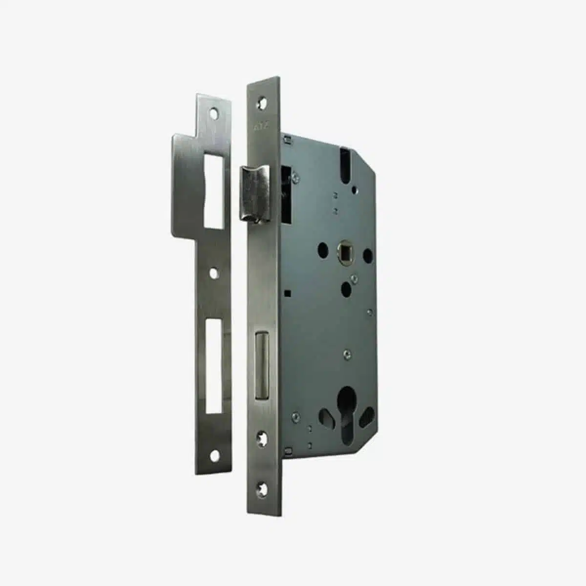 Brushed metal mortice lock and strike plate showing latch and deadbolt