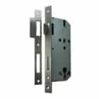 Mortise lock body and strike plate with dark faceplates and a silver-colored lock case