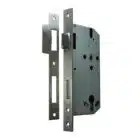 Mortise lock body and strike plate with dark faceplates and a silver-colored lock case