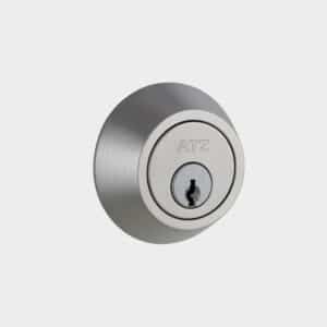 Brushed metal deadbolt cylinder with ATZ brand engraving
