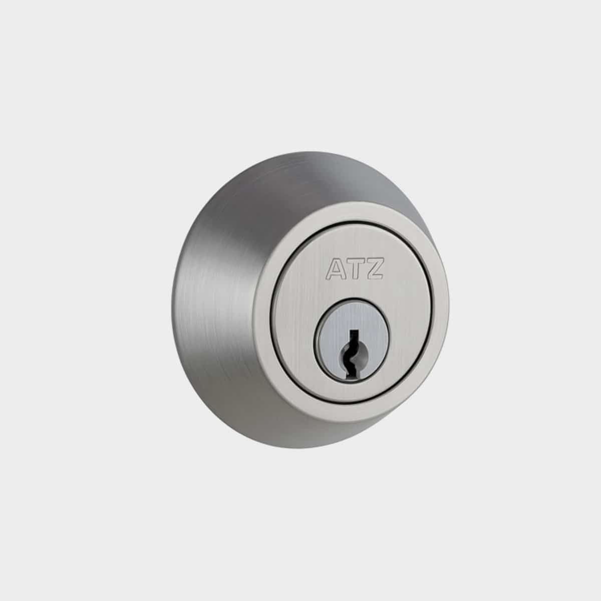 ATZ-3800-SS_IMAGE01 Brushed metal deadbolt cylinder with ATZ brand engraving