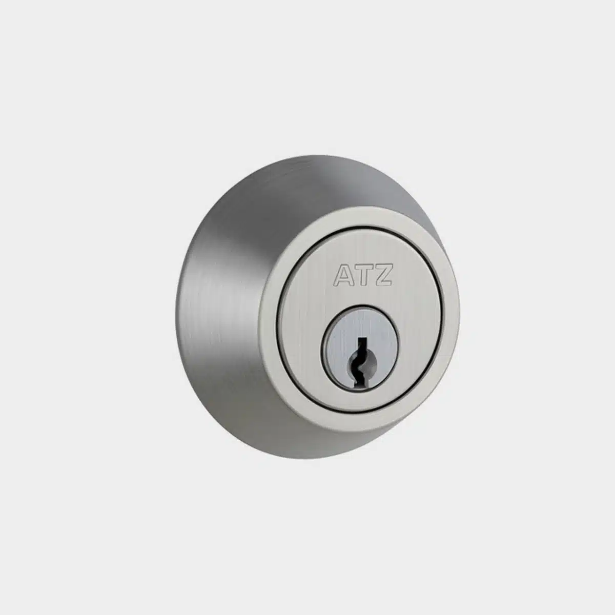 Brushed metal deadbolt cylinder with ATZ brand engraving