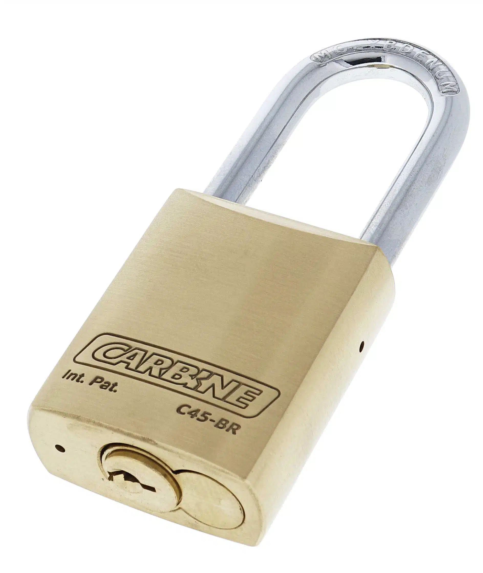 C45-BR-50, carbine c45 brass padlock 50mm, carbine c45 padlock, extended shackle brass padlock, 50mm moly shackle padlock, carbine c45-br 50mm, commercial open shackle padlock, 8mm brass padlock australia
