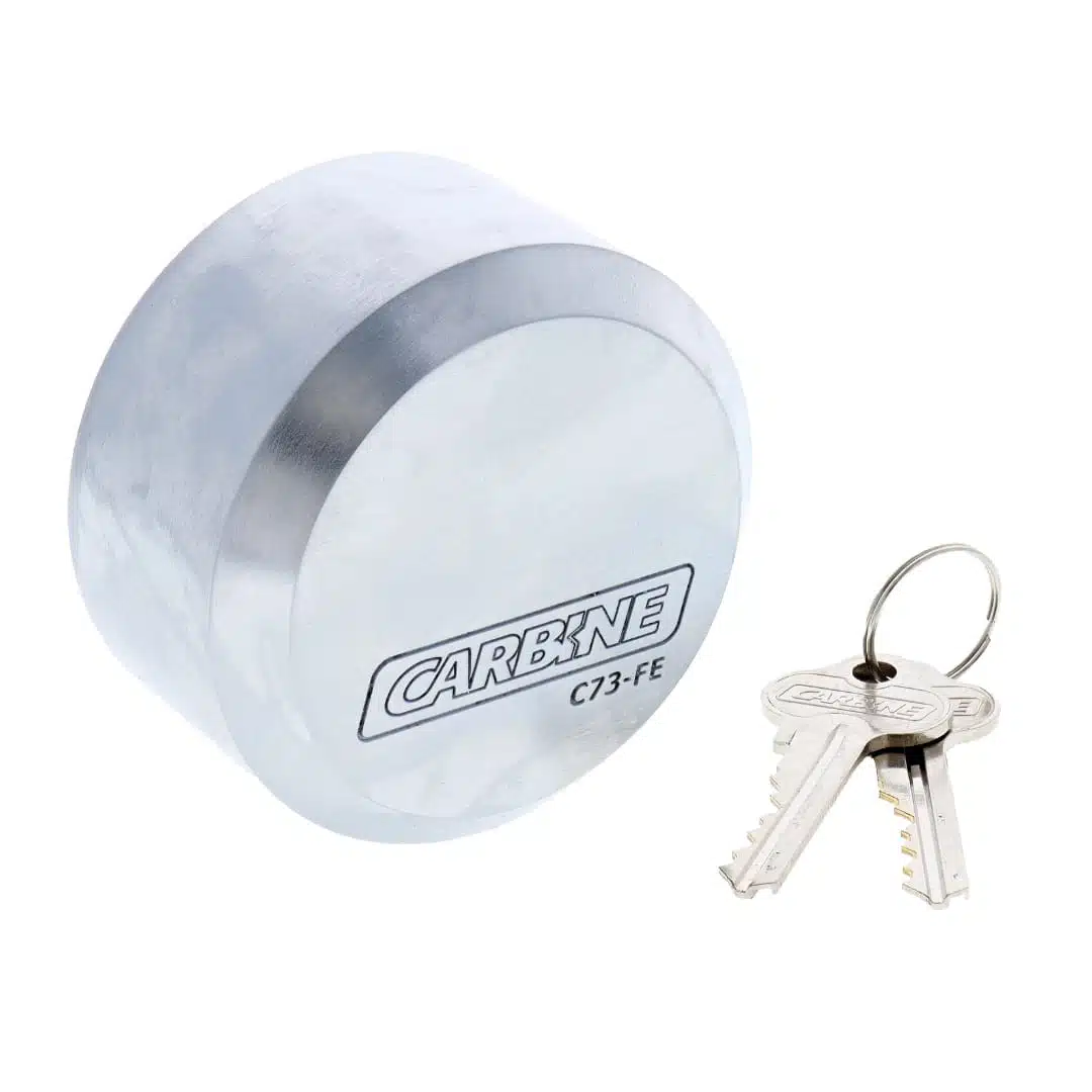 C73FL-FE, carbine c73 puck style padlock, carbine c73 puck padlock, flat back puck padlock, steel puck style padlock, hidden shackle van lock, round puck padlock, commercial container padlock australia