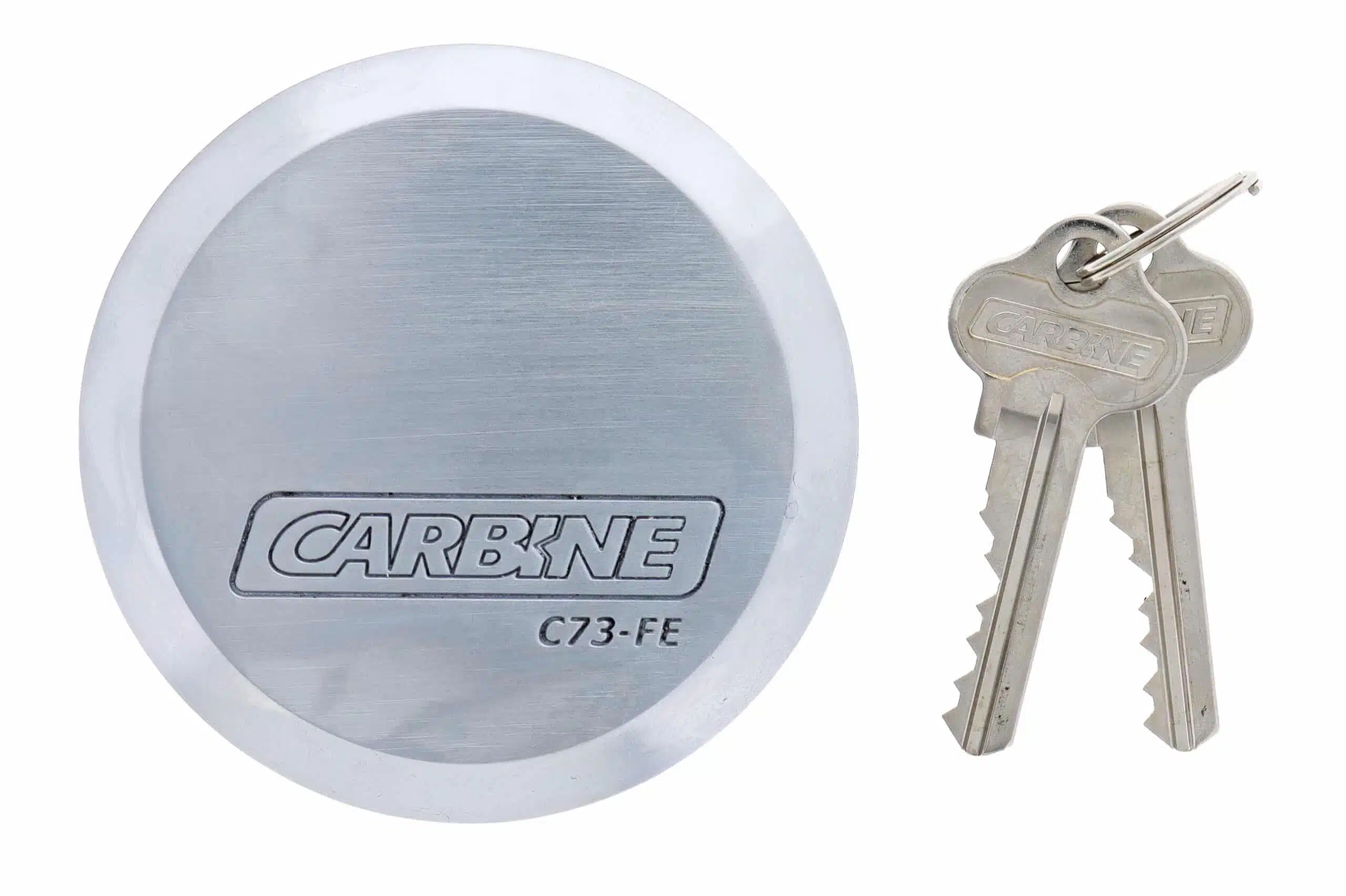 C73FL-FE, carbine c73 puck style padlock, carbine c73 puck padlock, flat back puck padlock, steel puck style padlock, hidden shackle van lock, round puck padlock, commercial container padlock australia