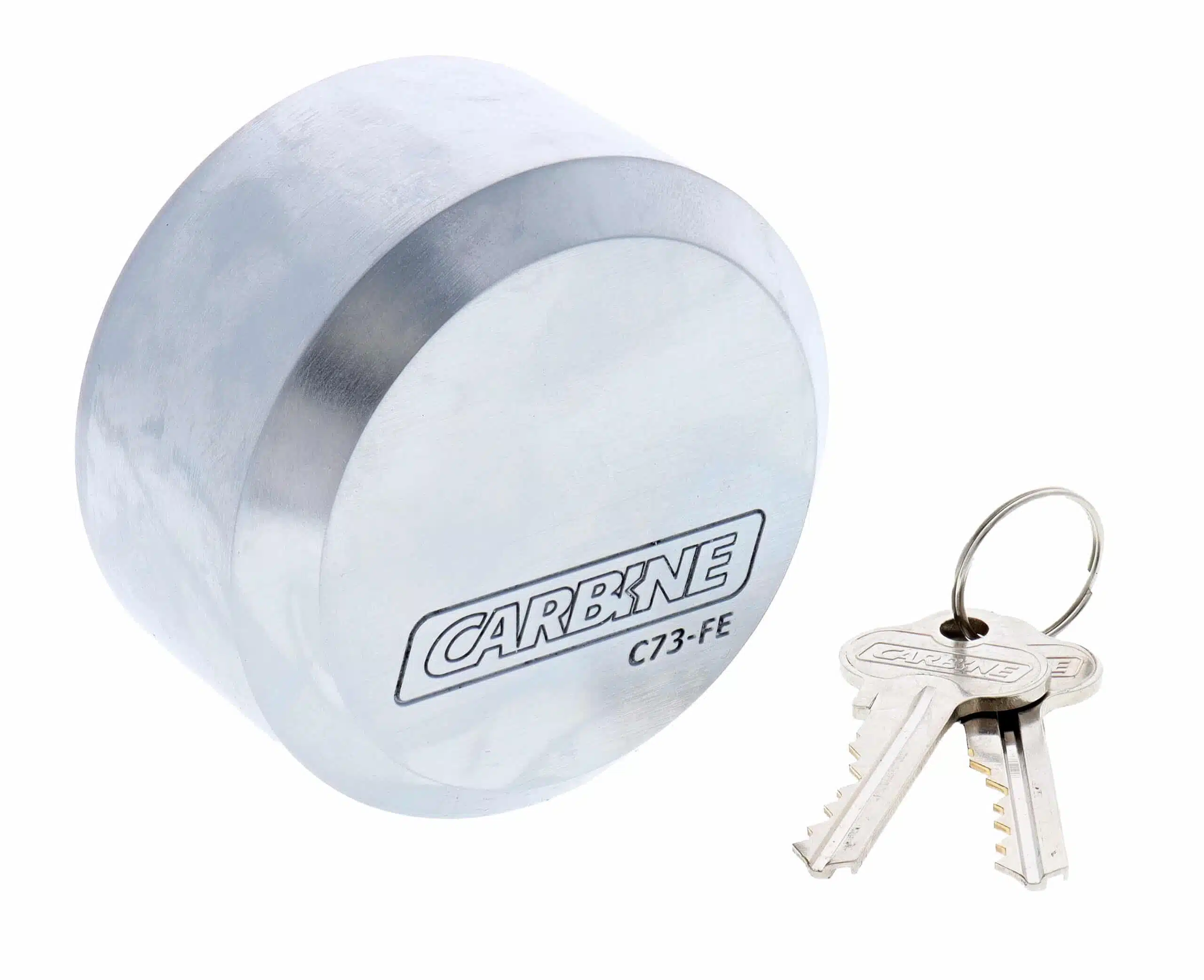 C73FL-FE, carbine c73 puck style padlock, carbine c73 puck padlock, flat back puck padlock, steel puck style padlock, hidden shackle van lock, round puck padlock, commercial container padlock australia
