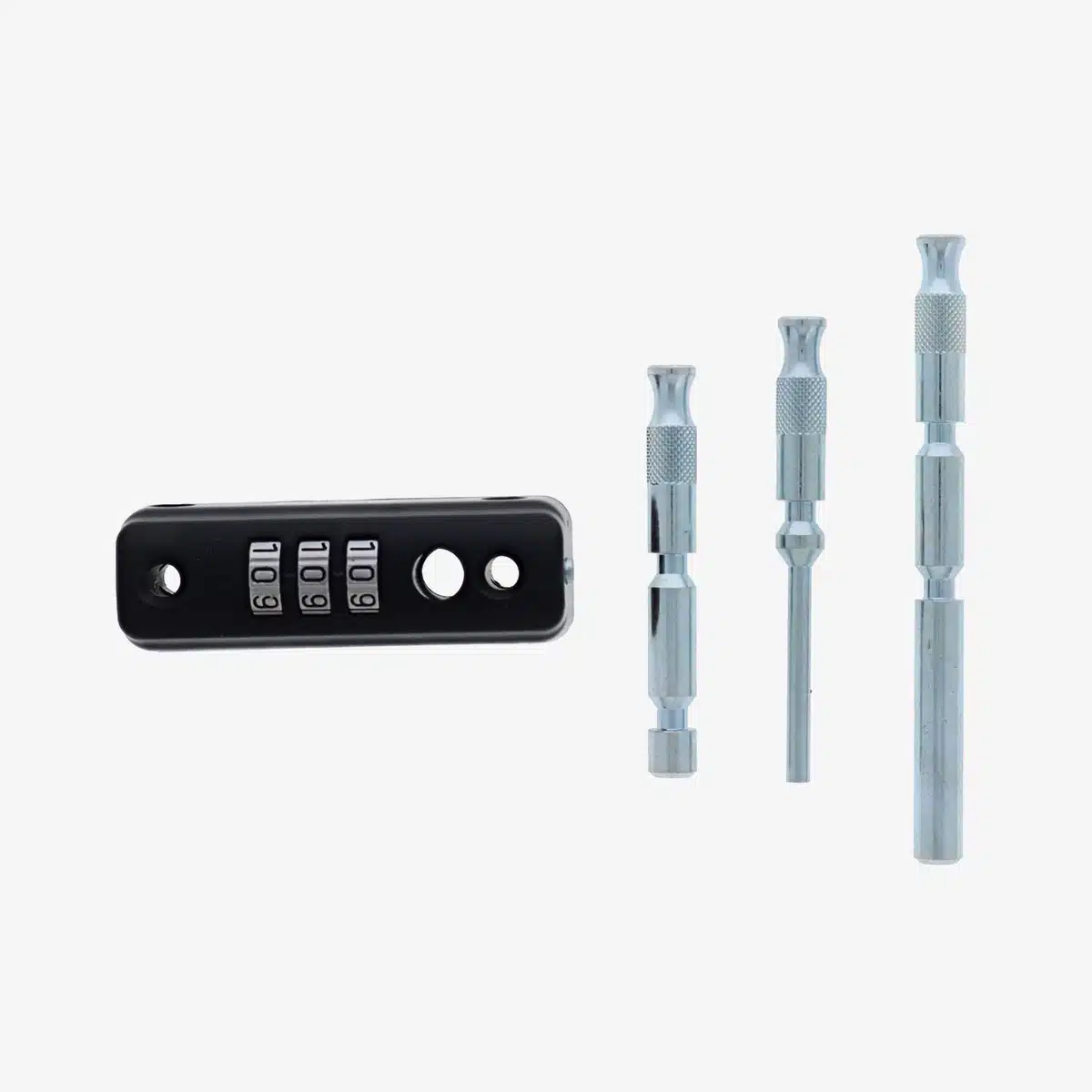 Black 3-digit combination lock mechanism with three silver metal pins of different lengths, carbine combination multi bolt, carbine dial combo multi bolt, combination window lock, keyless multi bolt, 3 dial window bolt, matte black combination multi bolt australia, carbine window bolt. CC-MB