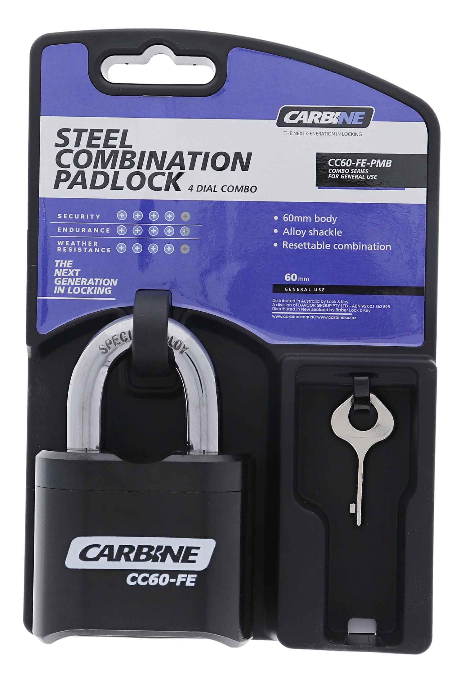 CC60-FE-PMB, carbine cc60 combination padlock, carbine padlock, combination padlock
