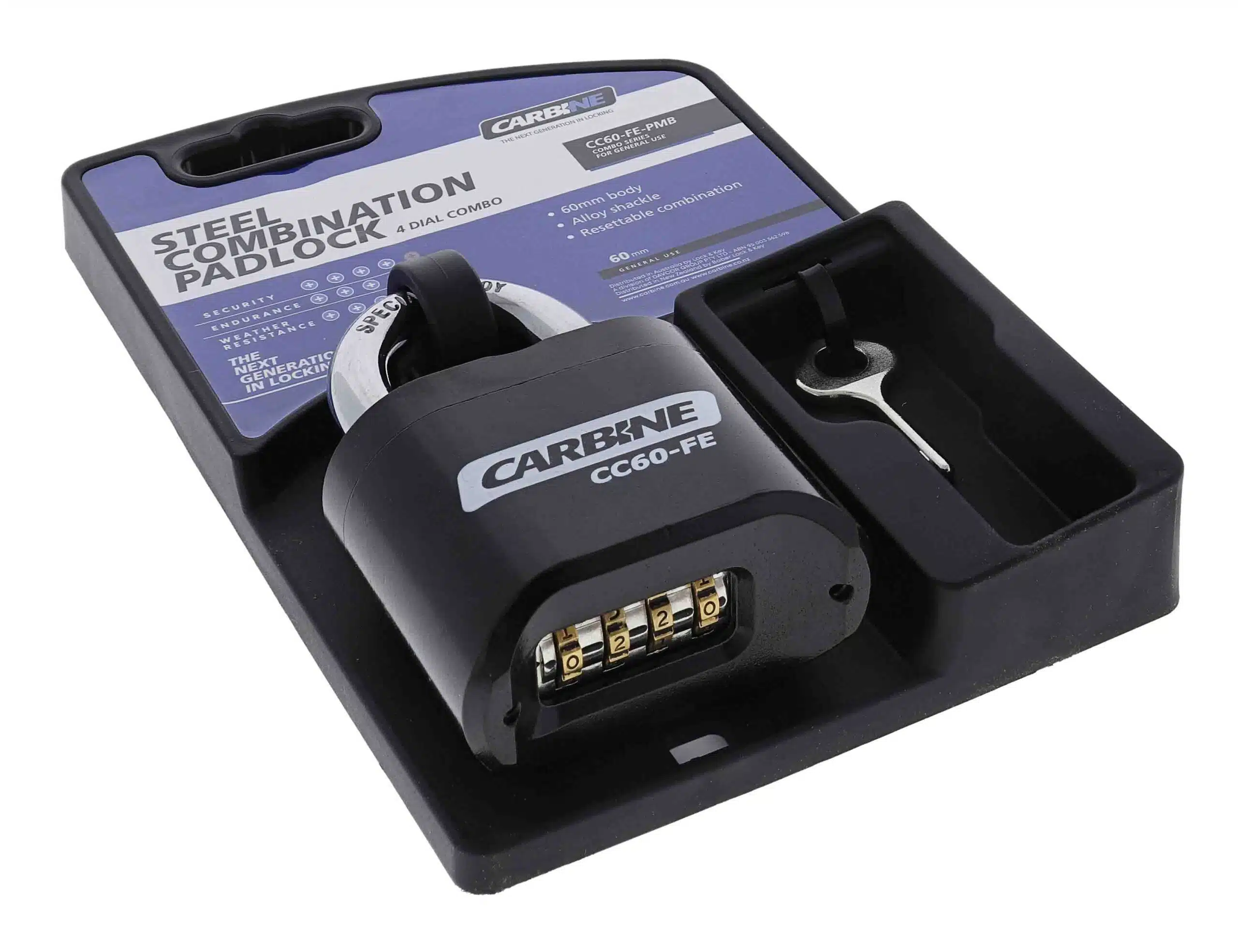 CC60-FE-PMB, carbine cc60 combination padlock, carbine padlock, combination padlock