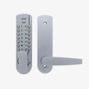 Satin chrome mechanical keypad door lock with exterior push-button keypad and interior lever handle
